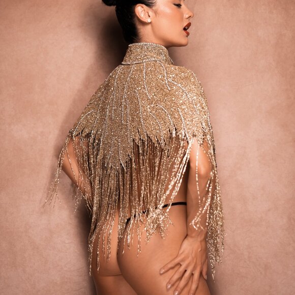 Gold Sequin  Fringe Cape, Rhinestone Shawl, Luxury Beaded Cape, Festival Outfit - Picture 9 of 11